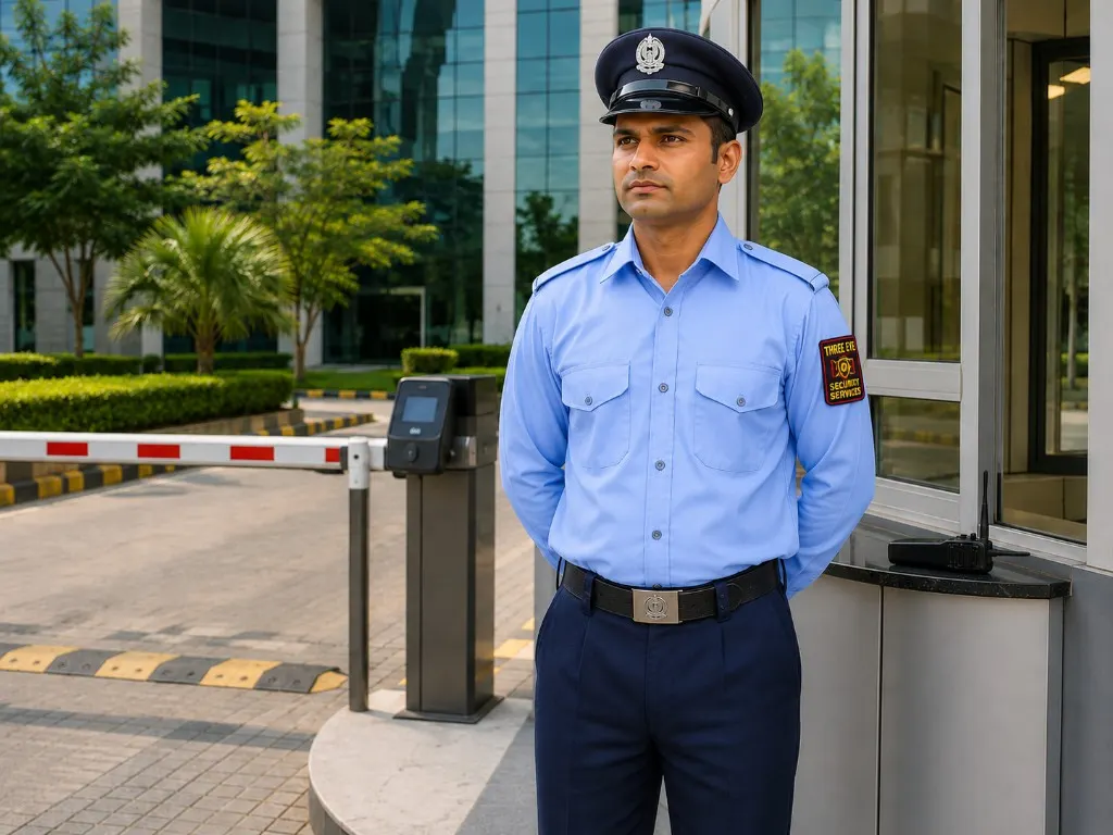 Three Eyes Security Services professional guard at a facility gate post