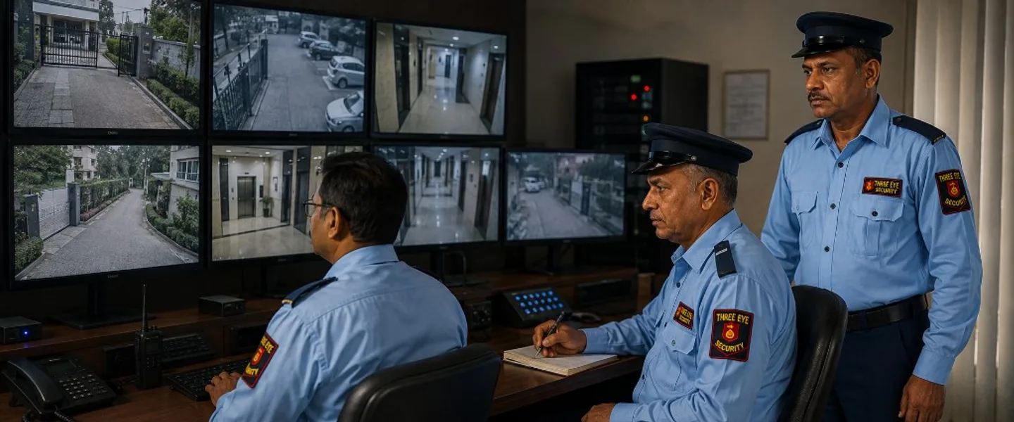 Security guards monitoring live CCTV camera feeds in a Three Eyes Security control room
