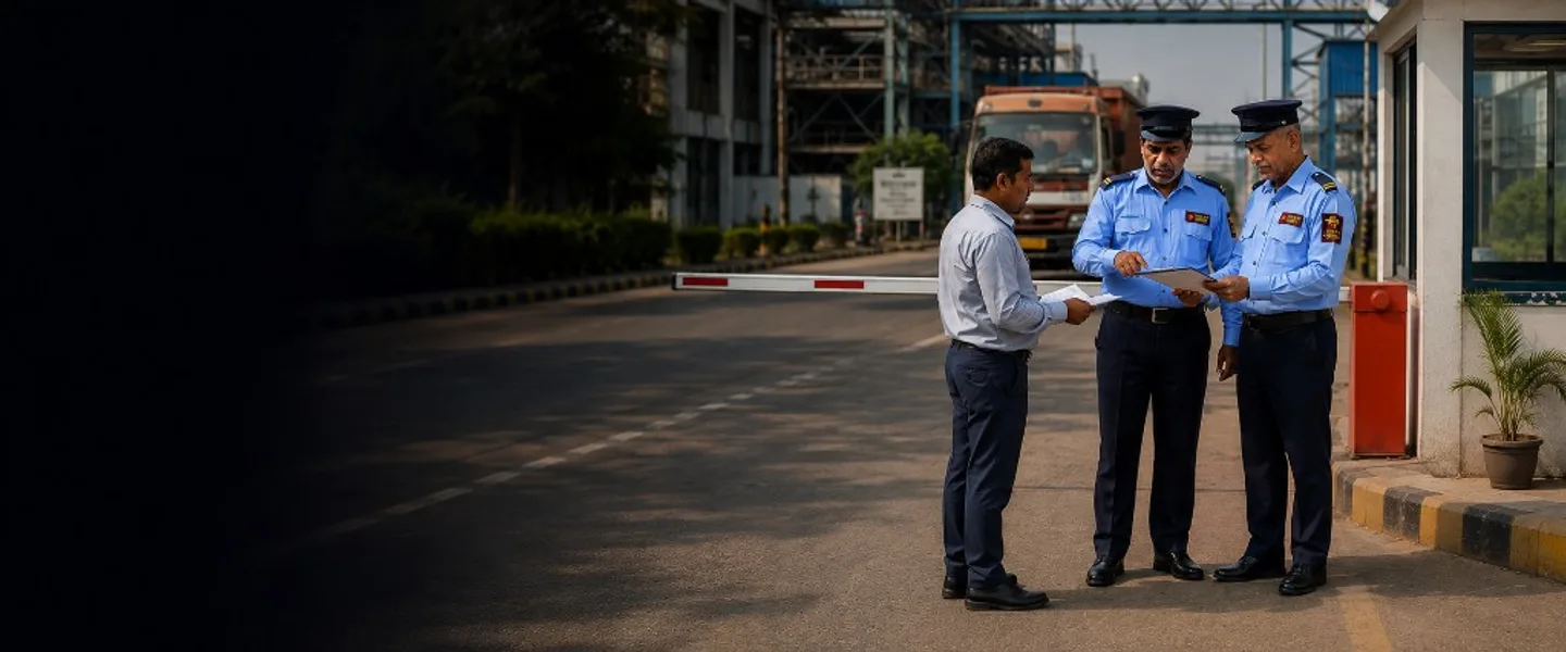 Industrial security guards from Three Eyes Security performing a document check at a factory entrance
