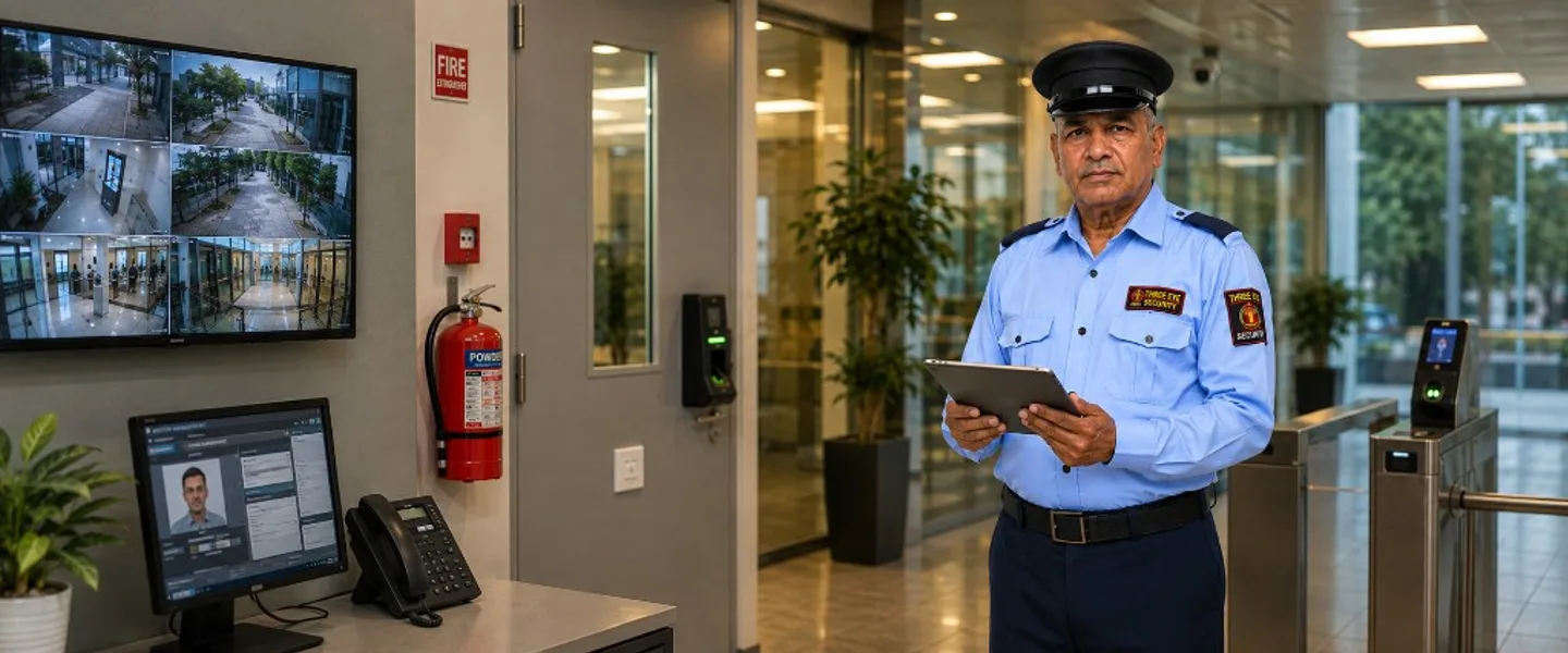 Three Eye Security guard with tablet in a corporate lobby with CCTV and visitor management systems